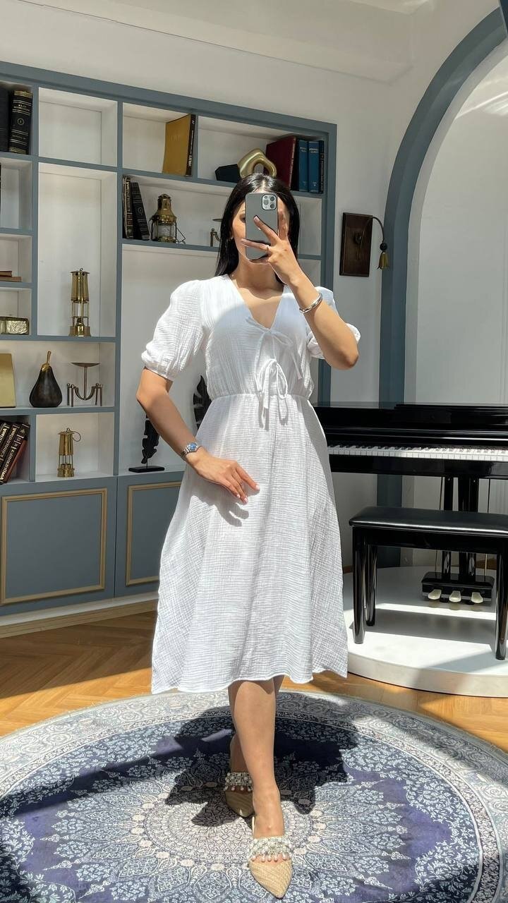 3753-BEYAZ GÖĞÜS KISMI BAĞLAMA DETAY ELBİSE