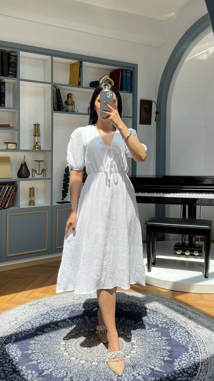 3753-BEYAZ GÖĞÜS KISMI BAĞLAMA DETAY ELBİSE