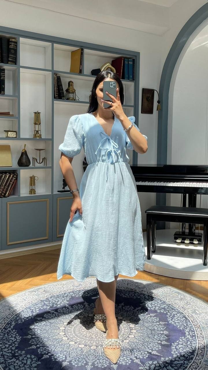 3753-MAVİ GÖĞÜS KISMI BAĞLAMA DETAY ELBİSE