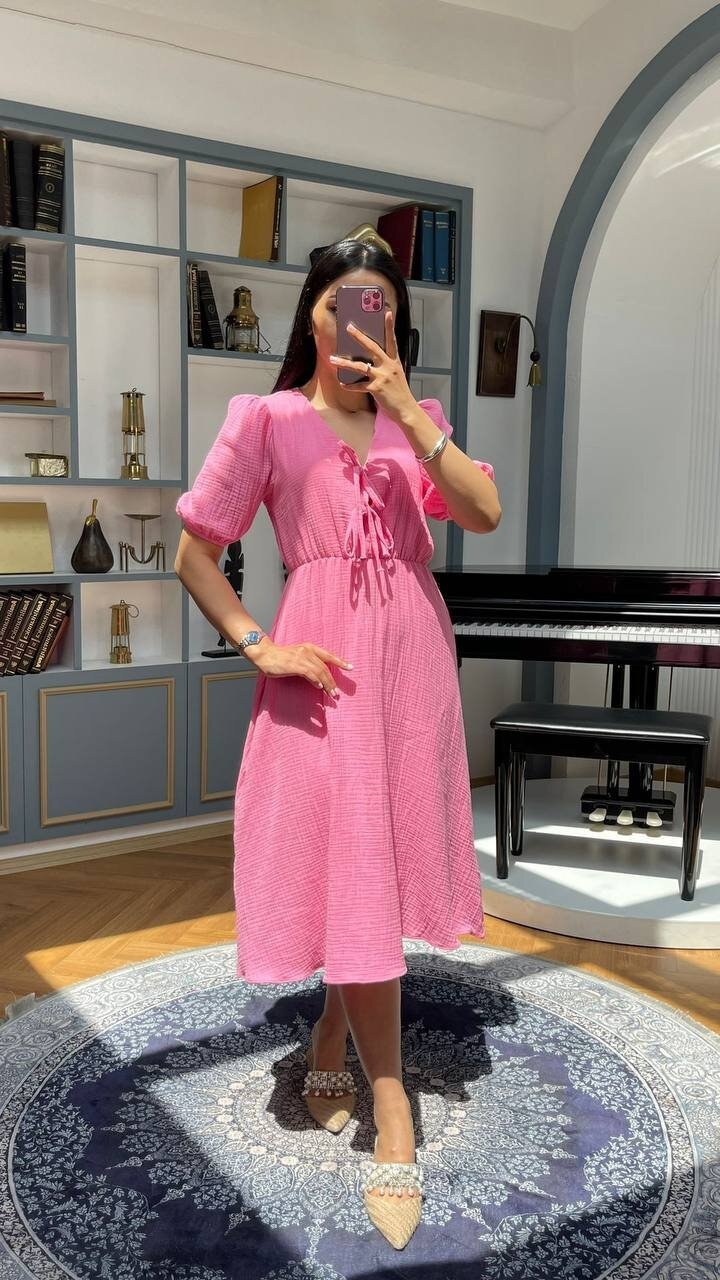 3753-PEMBE GÖĞÜS KISMI BAĞLAMA DETAY ELBİSE