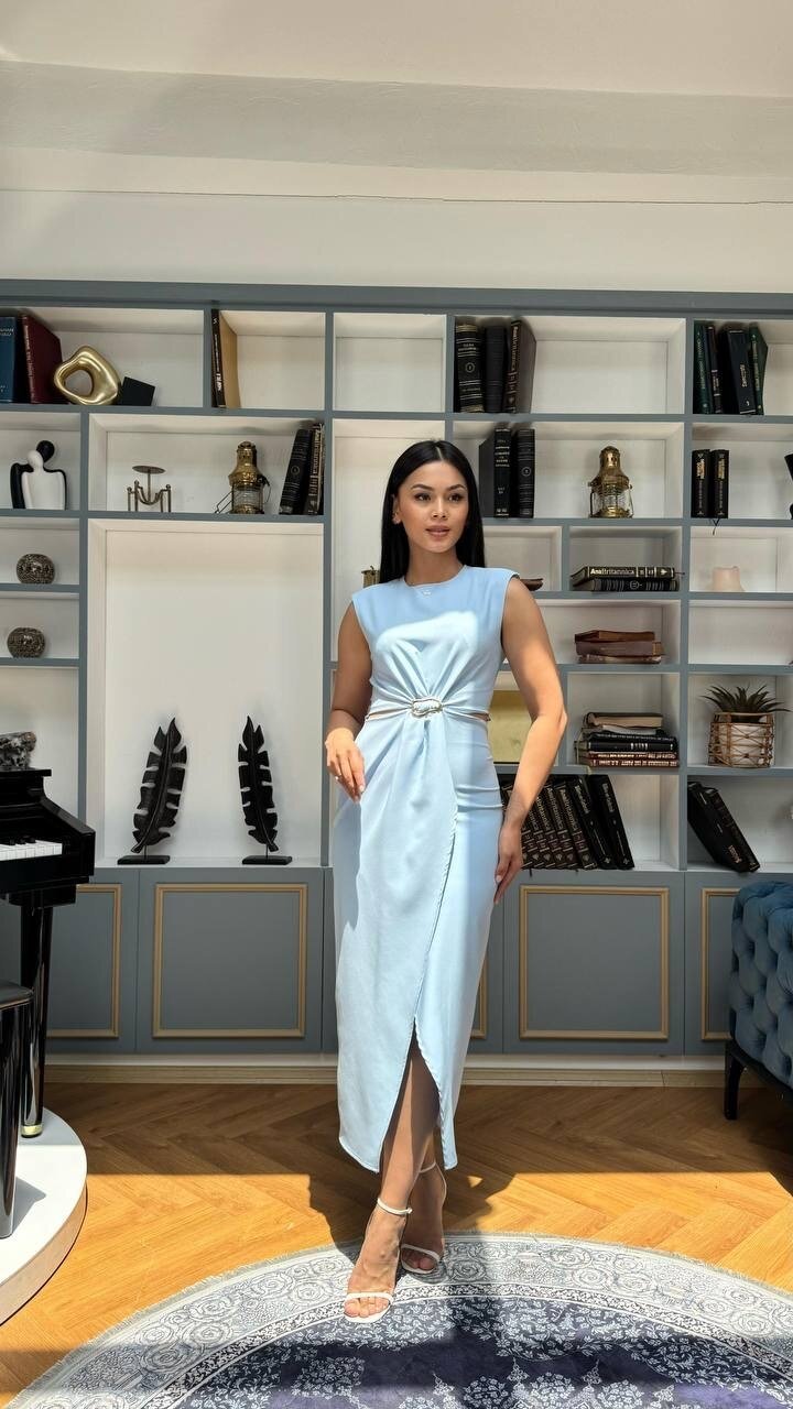 3755-MAVİ BÖBREK PENCERELİ TOKALI ELBİSE