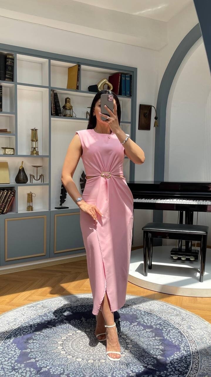 3755-PEMBE BÖBREK PENCERELİ TOKALI ELBİSE