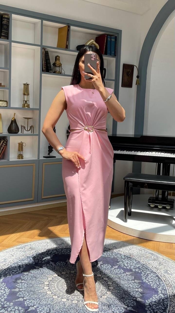 3755-PEMBE BÖBREK PENCERELİ TOKALI ELBİSE