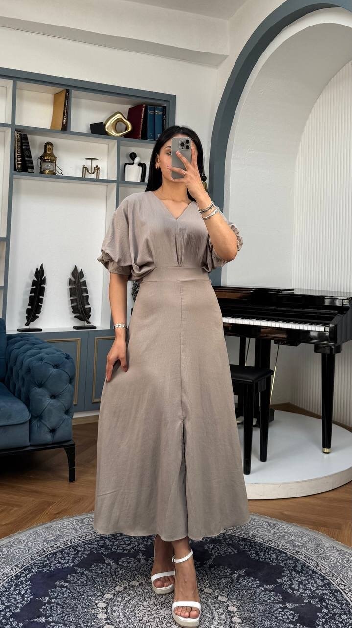 3759-GRİ BALON KOL V YAKA ELBİSE