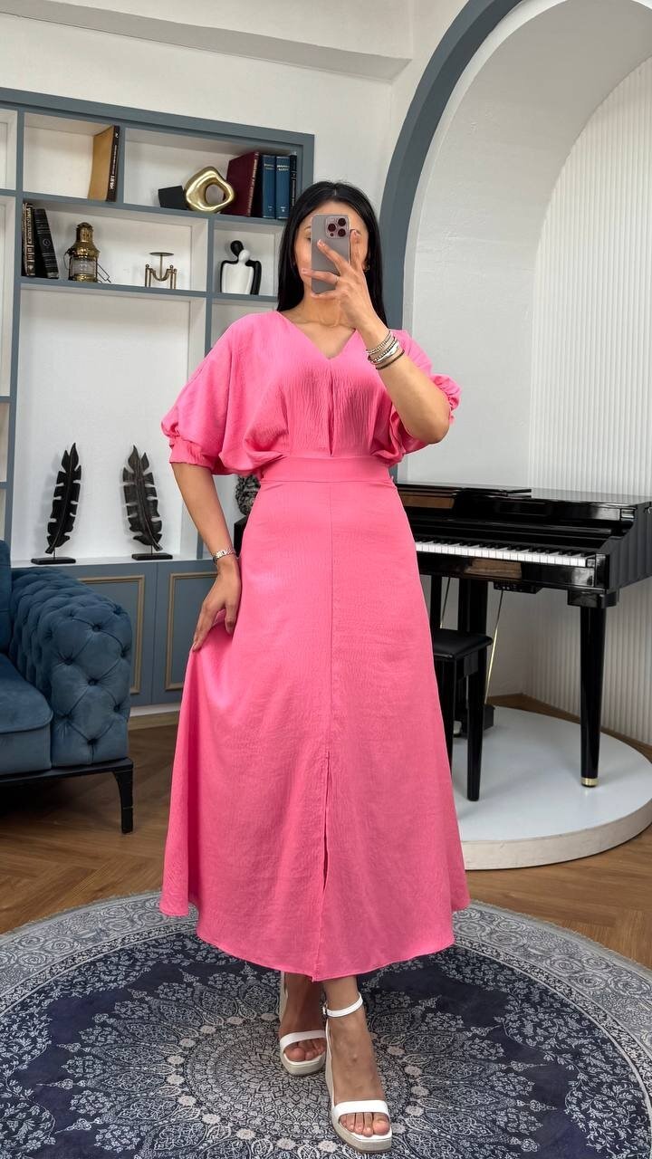3759-PEMBE BALON KOL V YAKA ELBİSE
