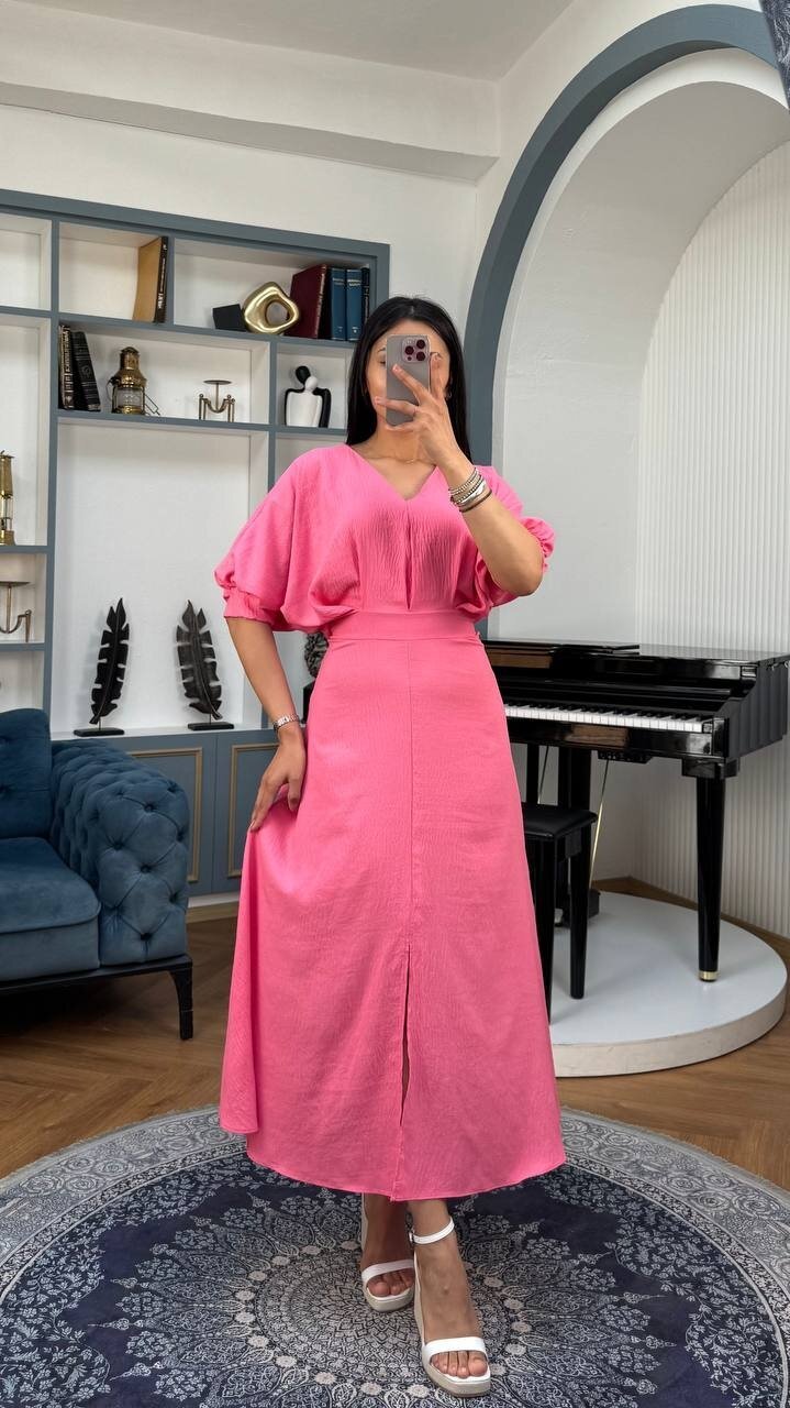 3759-PEMBE BALON KOL V YAKA ELBİSE