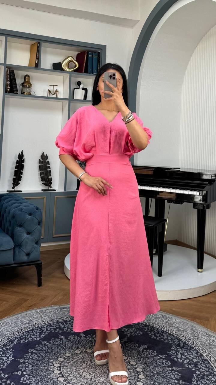 3759-PEMBE BALON KOL V YAKA ELBİSE