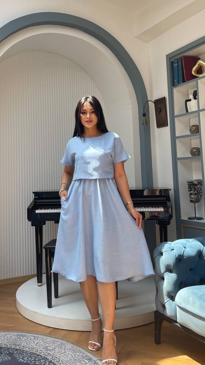 3760-MAVİ TAKIM DETAY ELBİSE