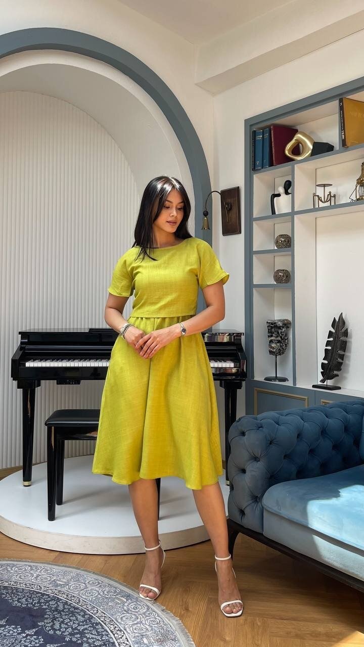 3760-OLİV TAKIM DETAY ELBİSE