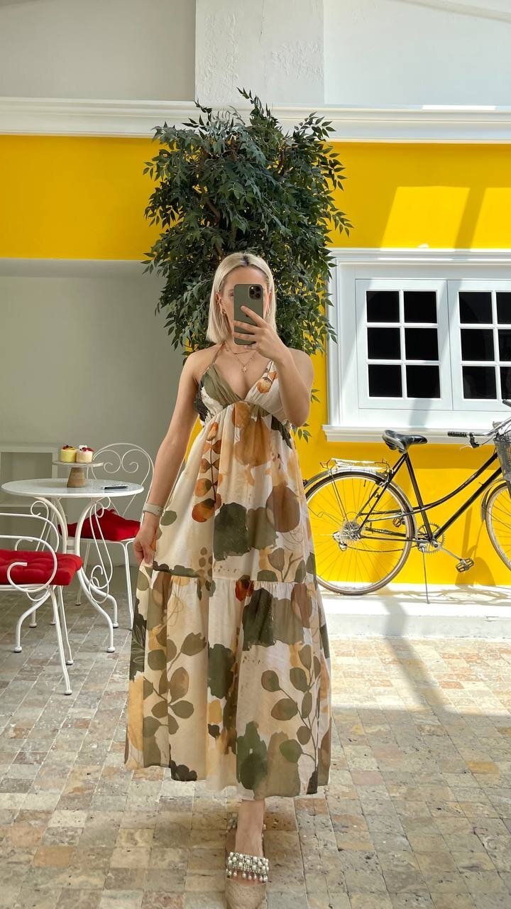 3771-BEJ SIRT BAĞLAMALI ELBİSE