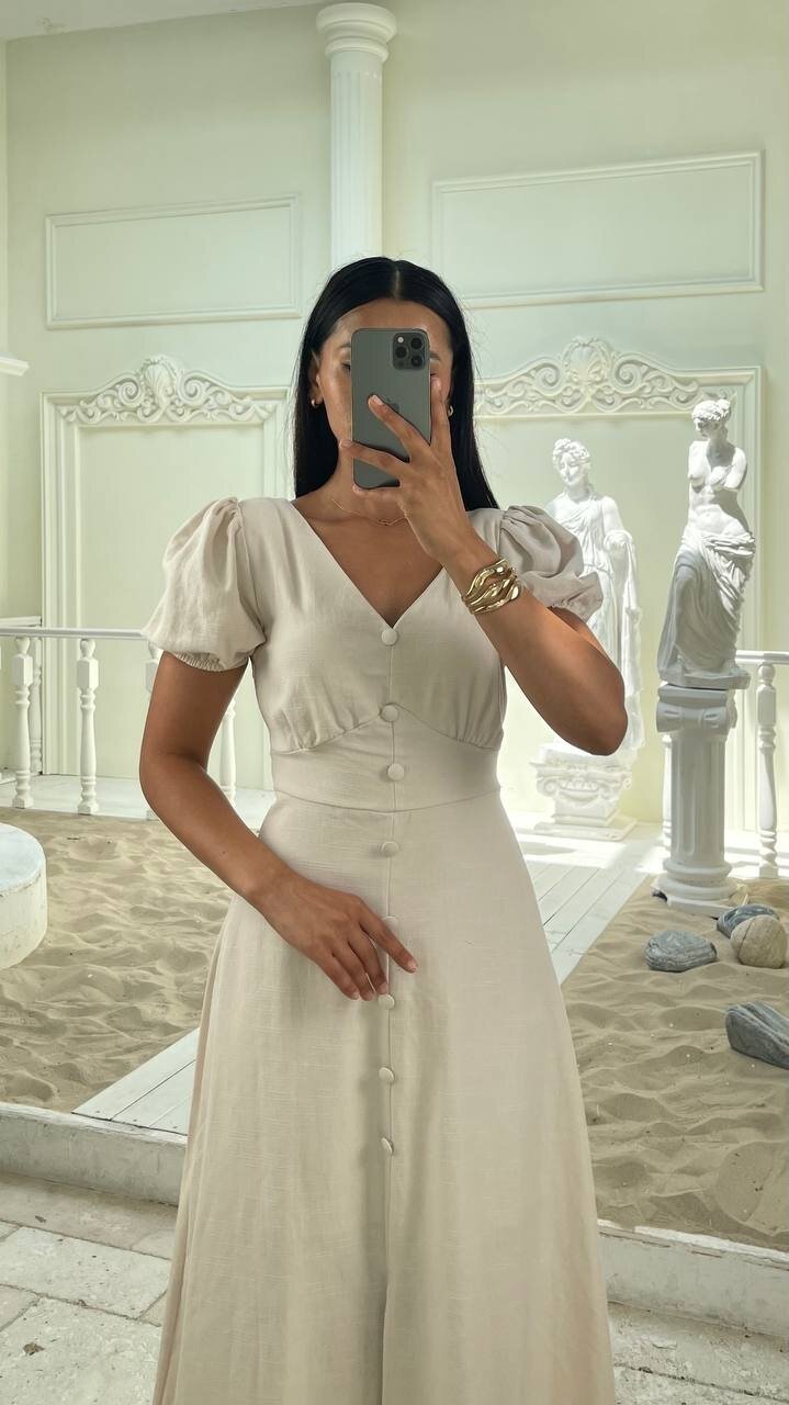 3773-BEJ KAYIK YAKA DÜĞMELİ KETEN ELBİSE