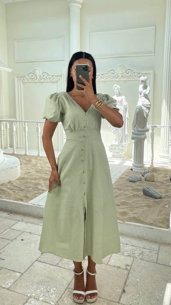 3773-ÇAĞLA KAYIK YAKA DÜĞMELİ KETEN ELBİSE