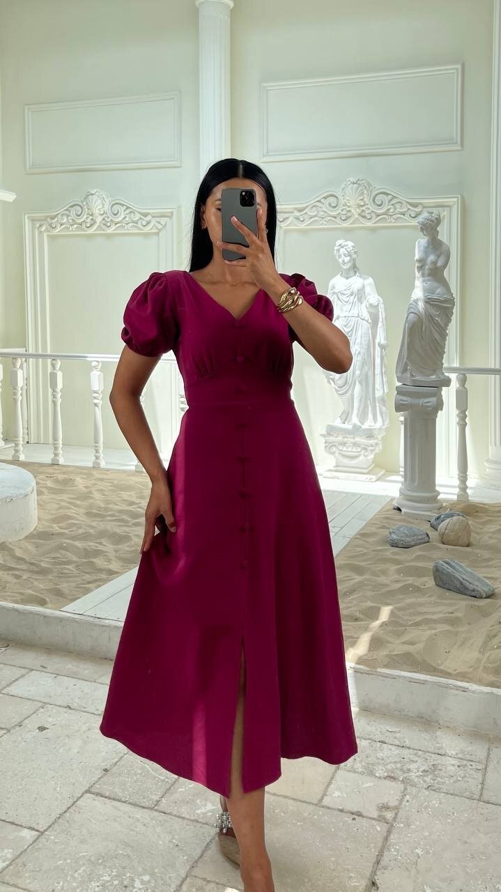 3773-FUŞYA KAYIK YAKA DÜĞMELİ KETEN ELBİSE