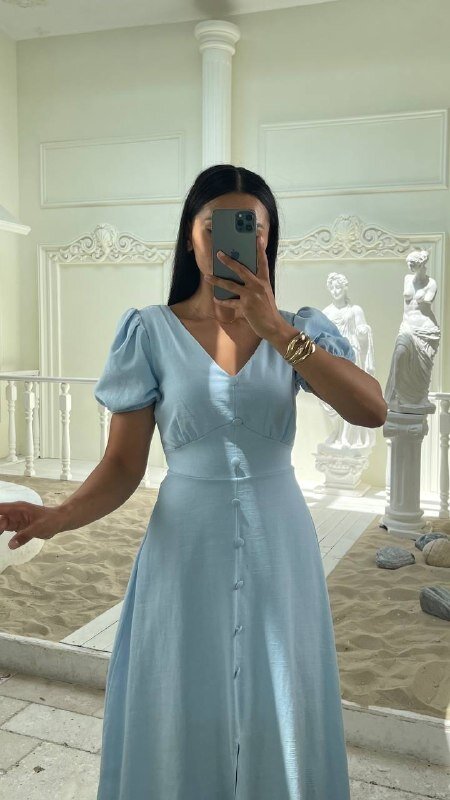 3773-MAVİ KAYIK YAKA DÜĞMELİ KETEN ELBİSE