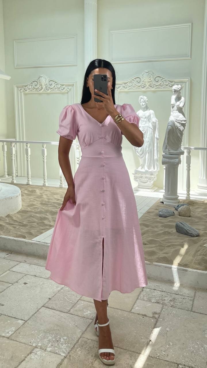 3773-PEMBE KAYIK YAKA DÜĞMELİ KETEN ELBİSE