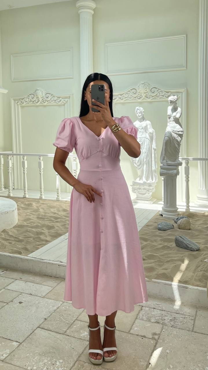 3773-PEMBE KAYIK YAKA DÜĞMELİ KETEN ELBİSE