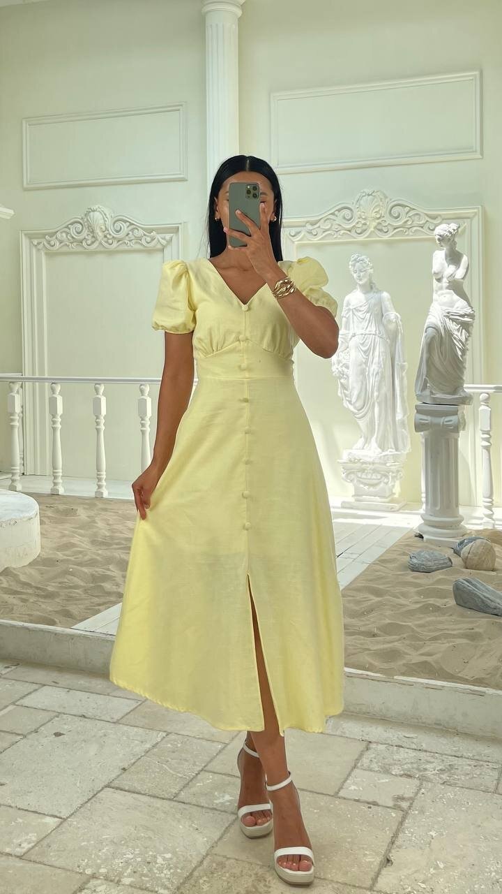 3773-SARI KAYIK YAKA DÜĞMELİ KETEN ELBİSE