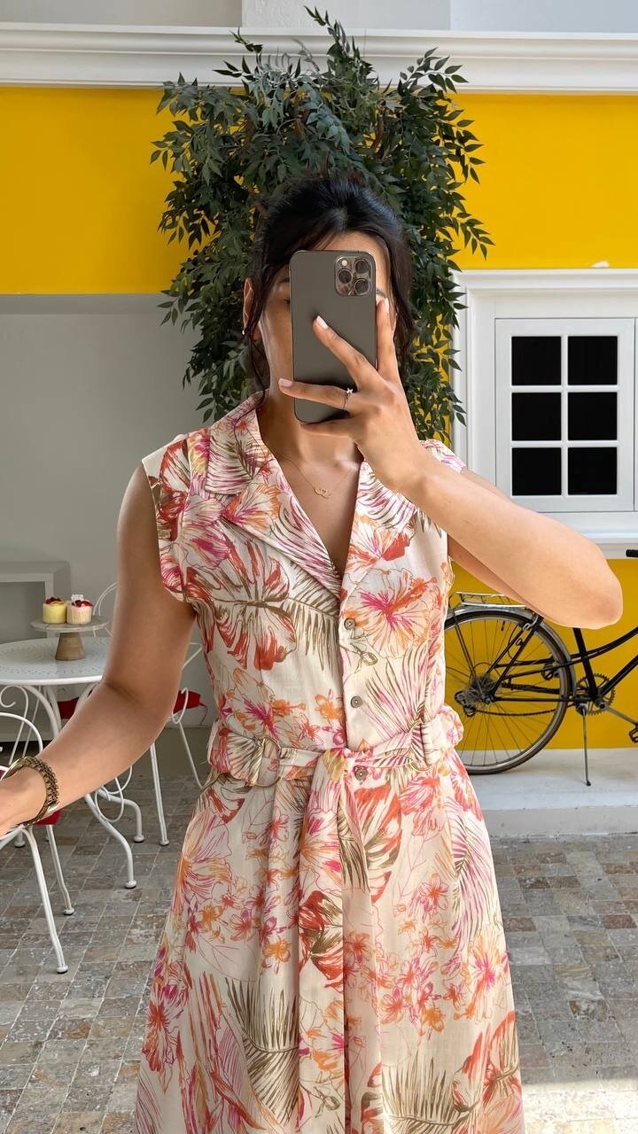 3774 ÇİÇEK DESEN YAKALI KETEN ELBİSE