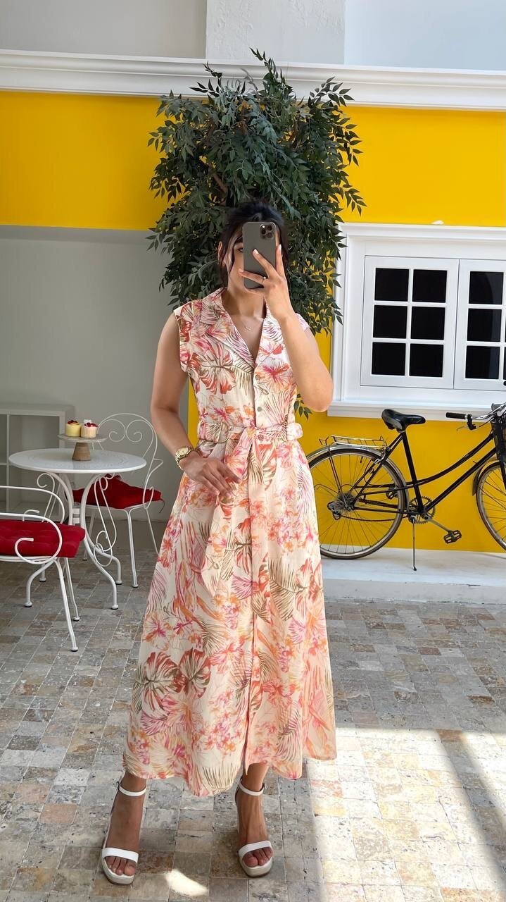 3774 ÇİÇEK DESEN YAKALI KETEN ELBİSE