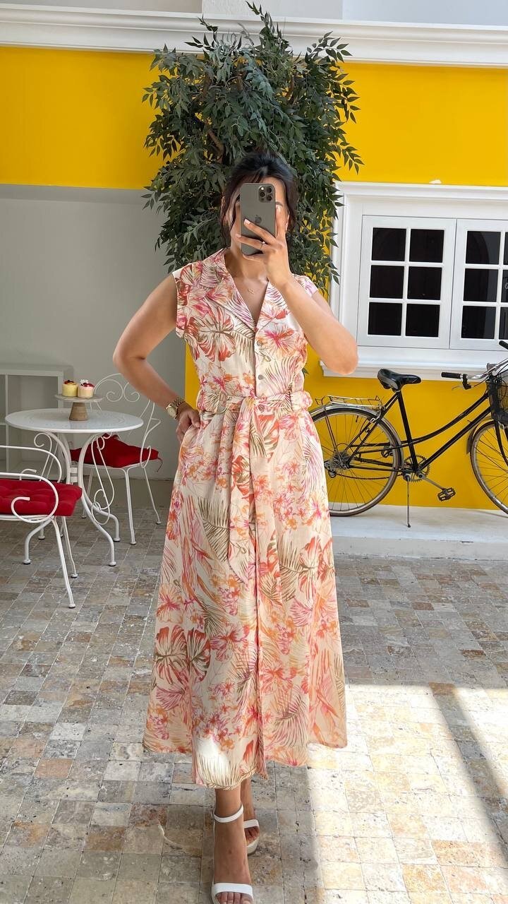 3774 ÇİÇEK DESEN YAKALI KETEN ELBİSE