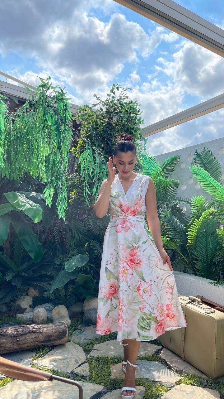 3776-YEŞİL ÇİÇEKLİ KRUVAZE ELBİSE