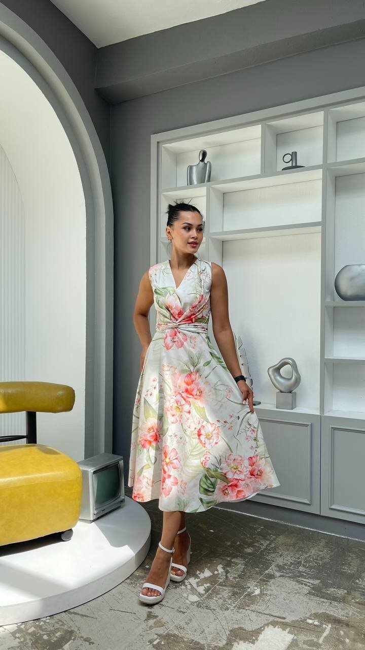 3776-YEŞİL ÇİÇEKLİ KRUVAZE ELBİSE