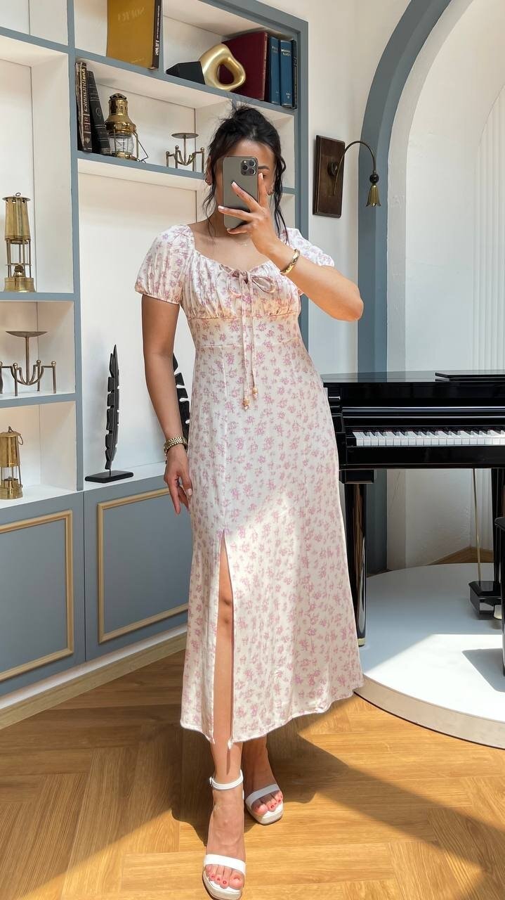 3777-PEMBE ÇİÇEK DESEN BONCUKLU ELBİSE