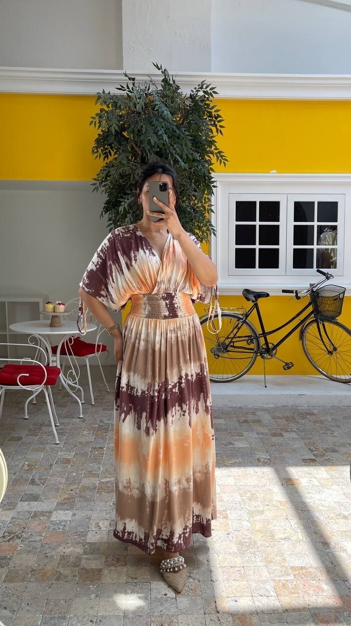 3778-ZİGZAG DESEN KOLLARI BONCUK DETAYLI ELBİSE