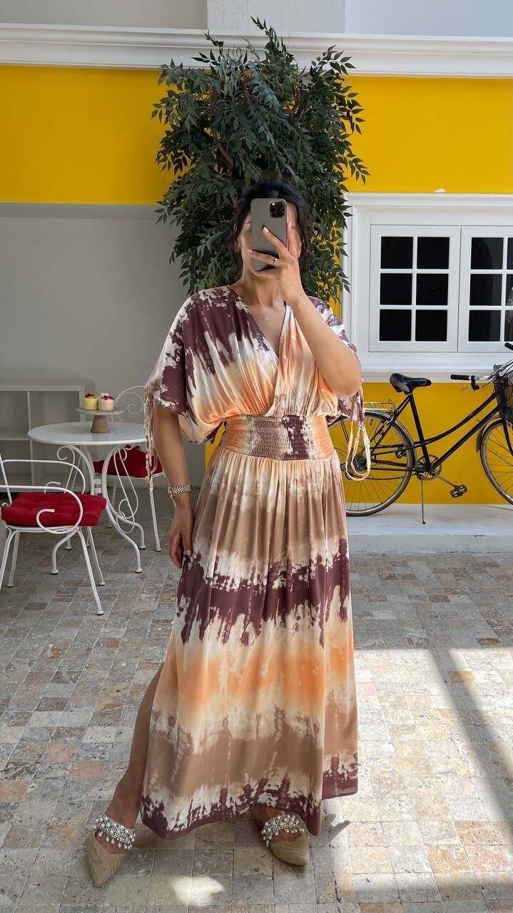 3778-ZİGZAG DESEN KOLLARI BONCUK DETAYLI ELBİSE