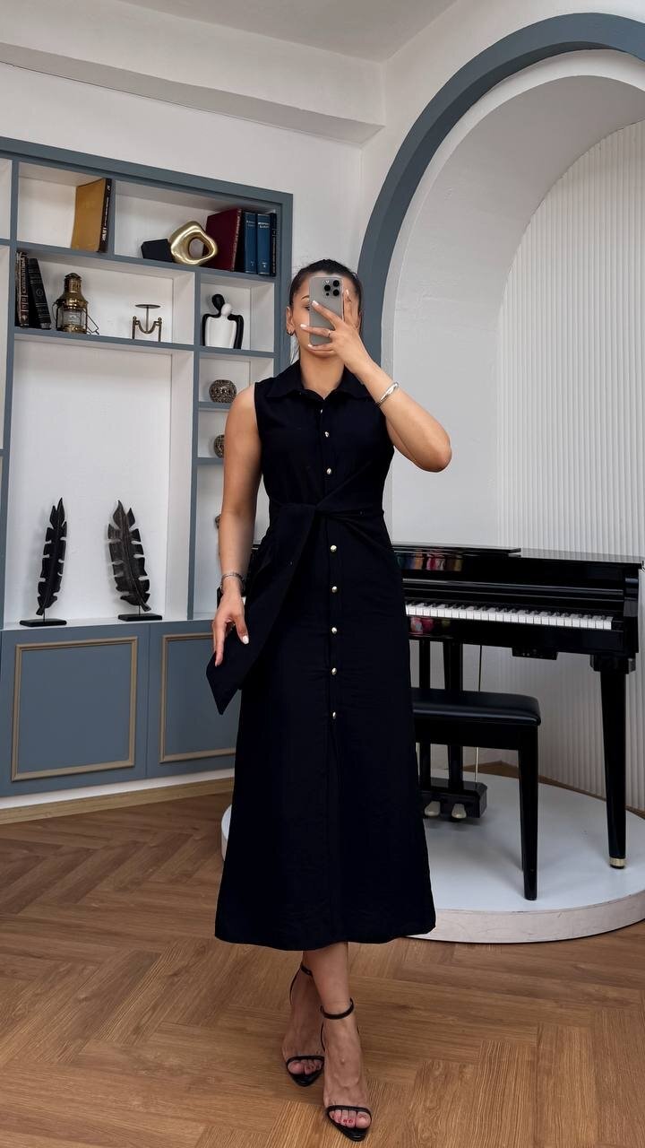 3789-SİYAH KETEN GOLD DÜĞMELİ ELBİSE