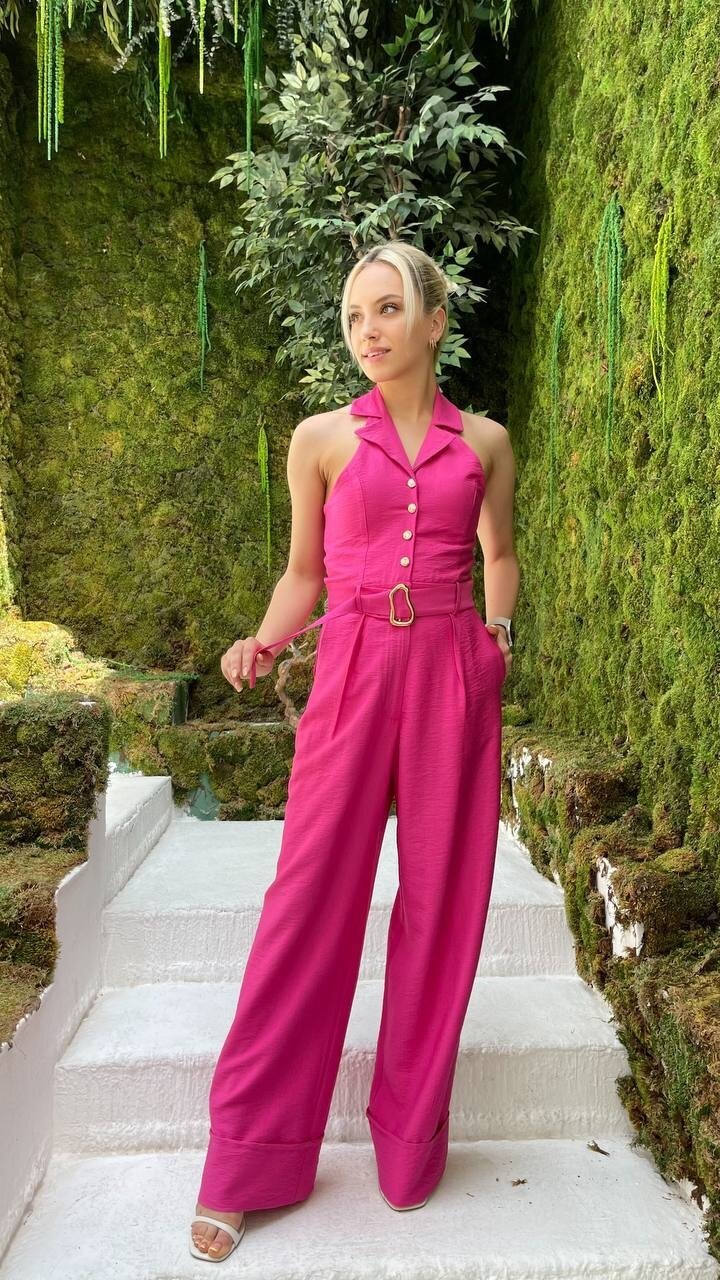 3782-PEMBE KETEN KUMAŞ DERİN V YAKA TULUM