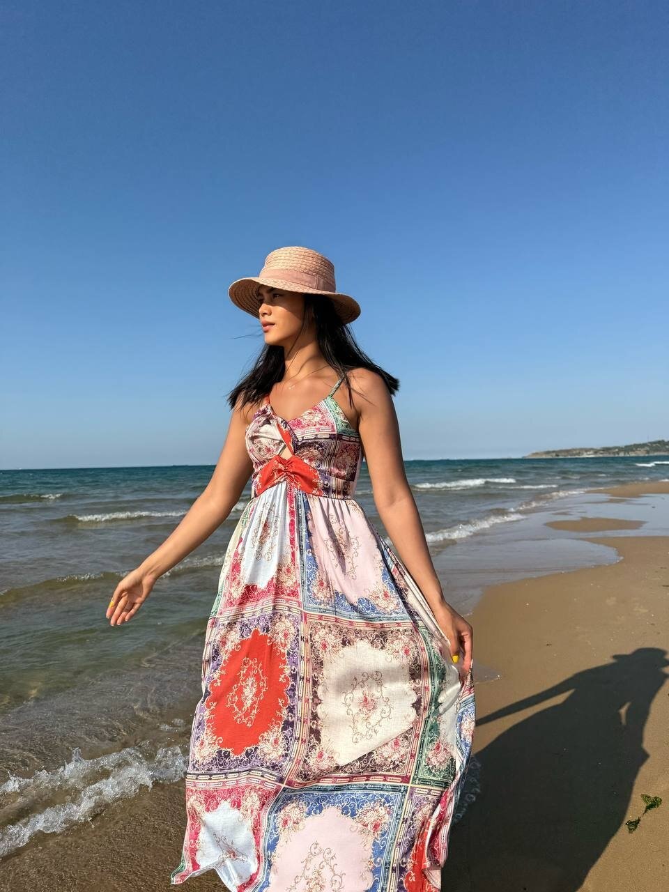 3784-PATCHWORK DESEN SATEN ELBİSE