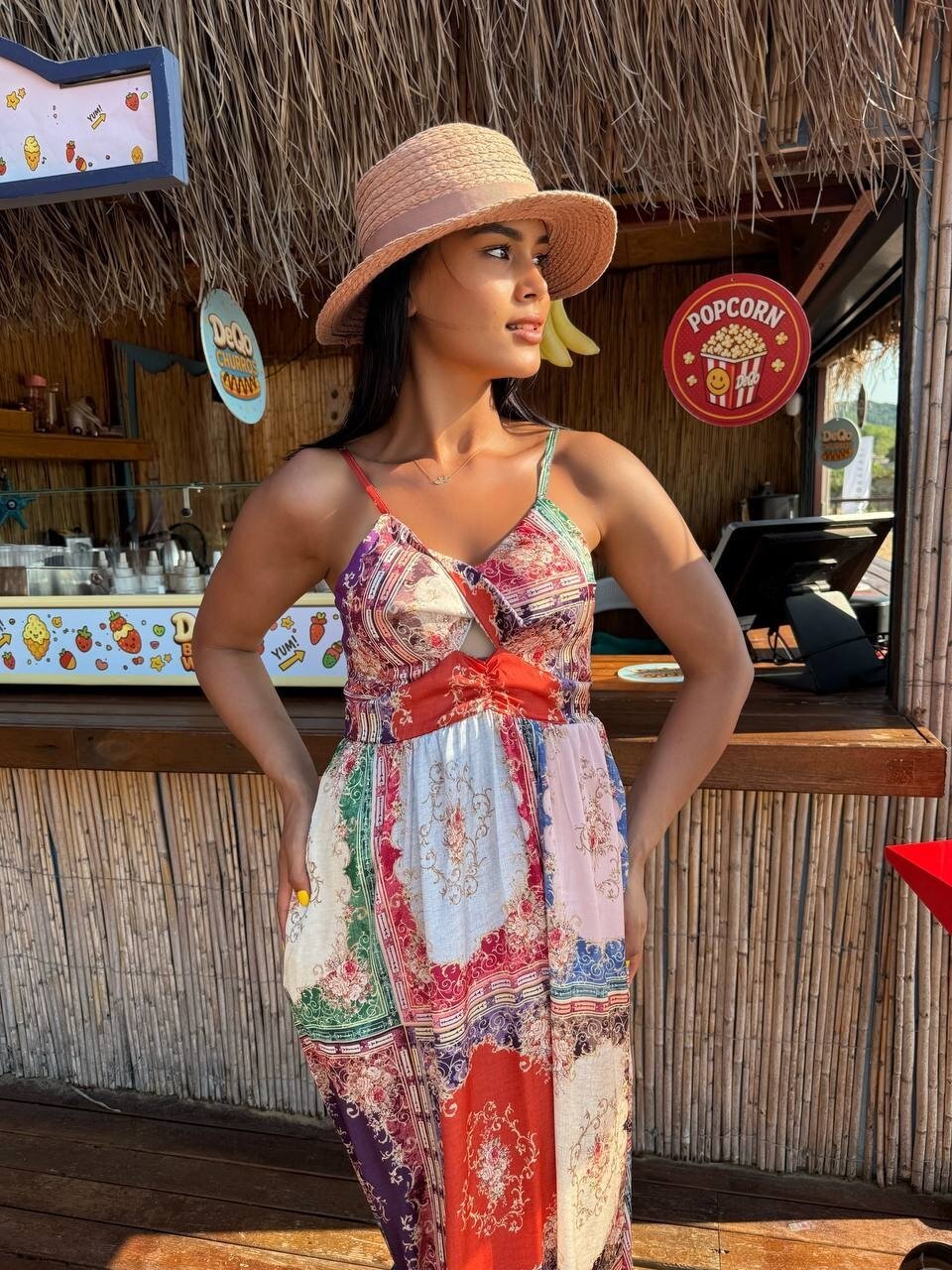 3784-PATCHWORK DESEN SATEN ELBİSE