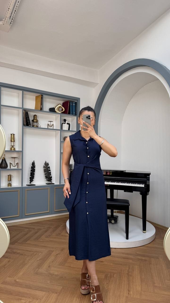 3789-LACİVERT KETEN GOLD DÜĞMELİ ELBİSE