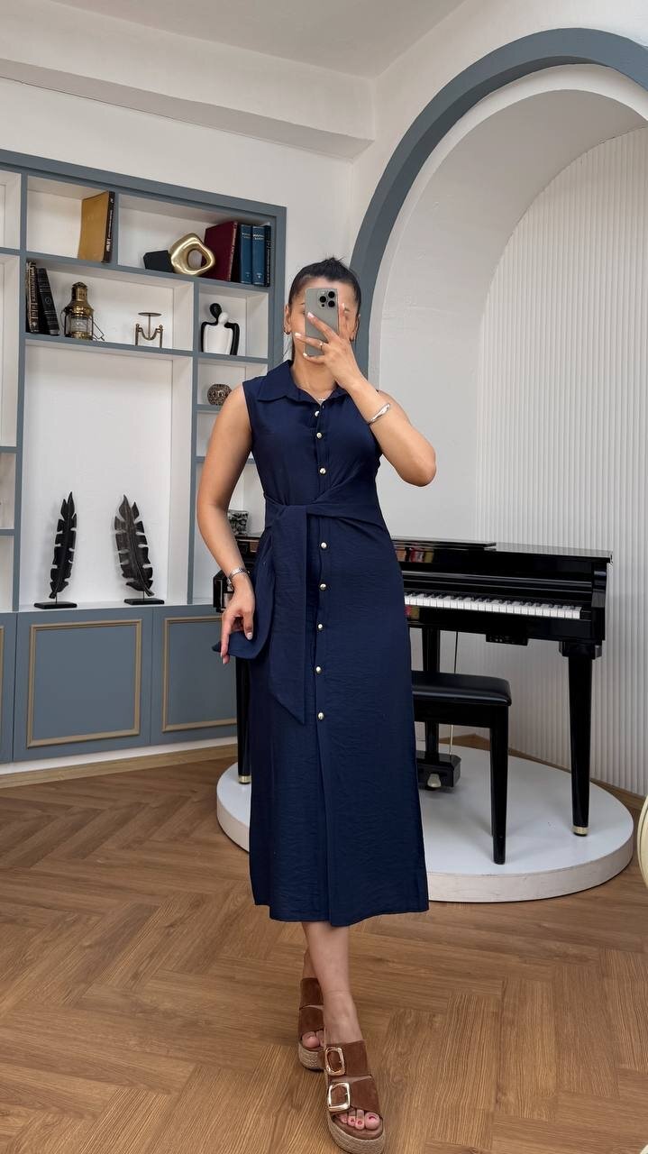 3789-LACİVERT KETEN GOLD DÜĞMELİ ELBİSE