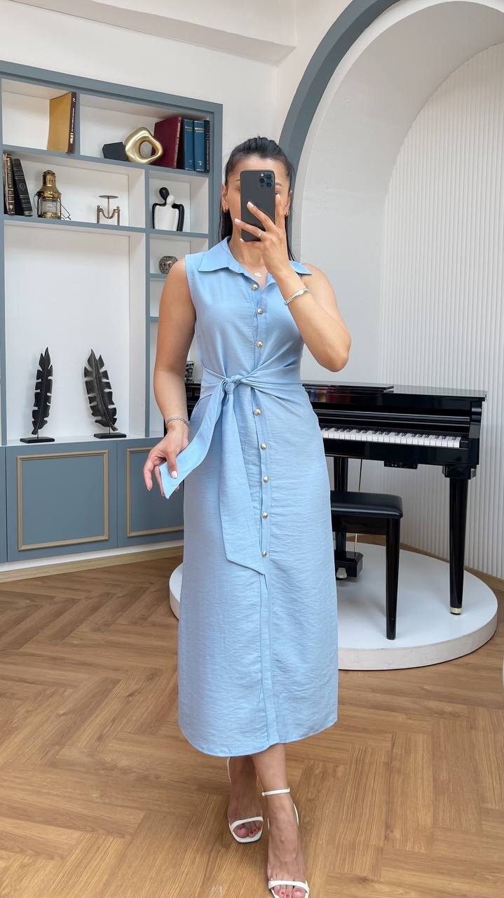 3789-MAVİ KETEN GOLD DÜĞMELİ ELBİSE