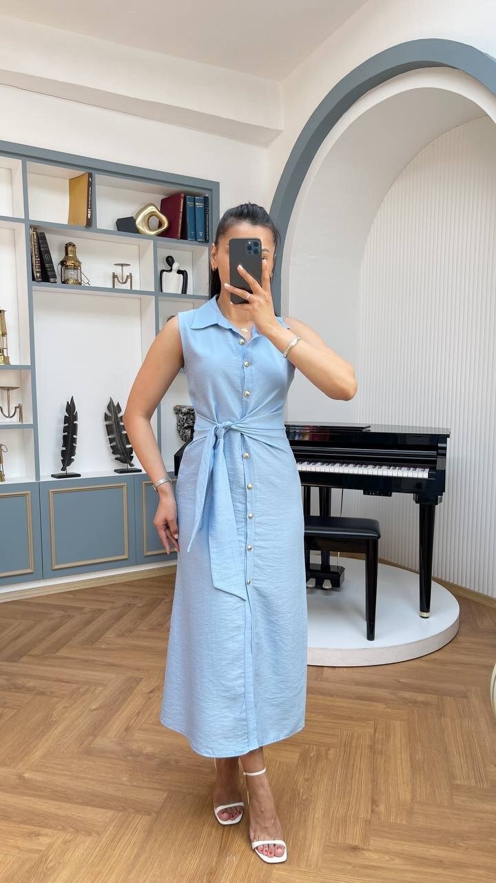 3789-MAVİ KETEN GOLD DÜĞMELİ ELBİSE