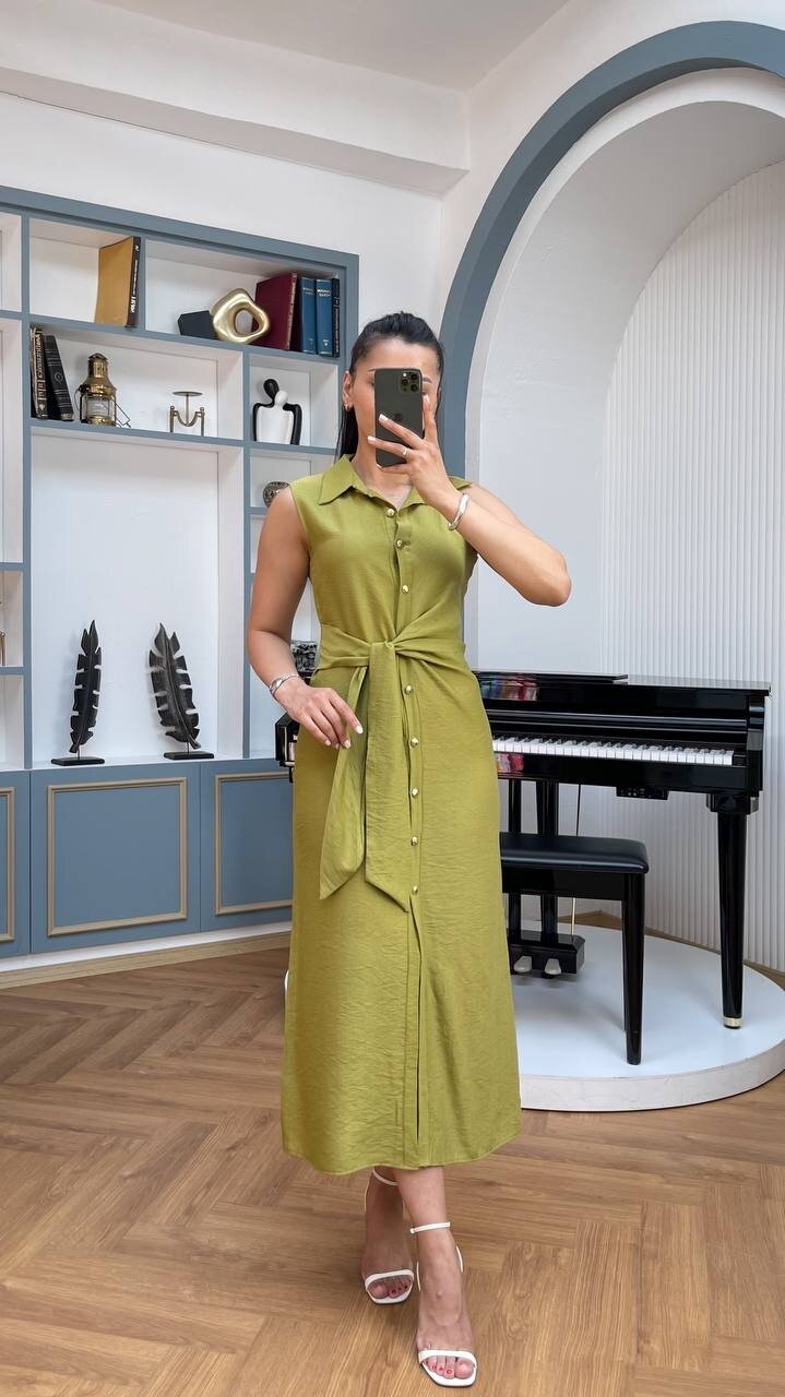3789-OLİV KETEN GOLD DÜĞMELİ ELBİSE