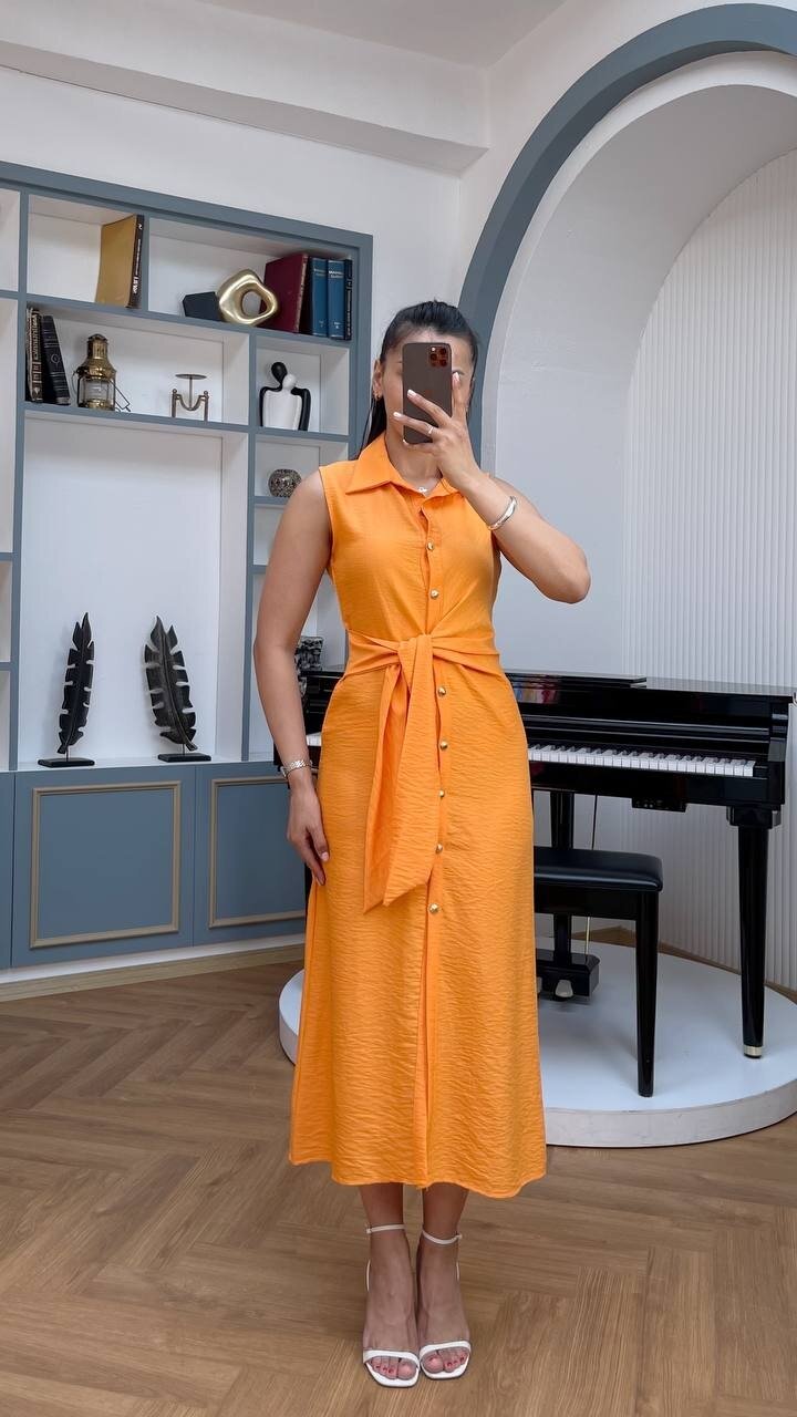 3789-TURUNCU KETEN GOLD DÜĞMELİ ELBİSE