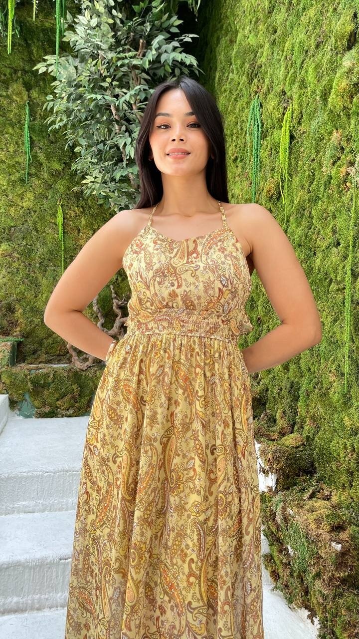 3790-SARI ÇİÇEK DESEN SIRTI AÇIK FIFIRLI ELBİSE