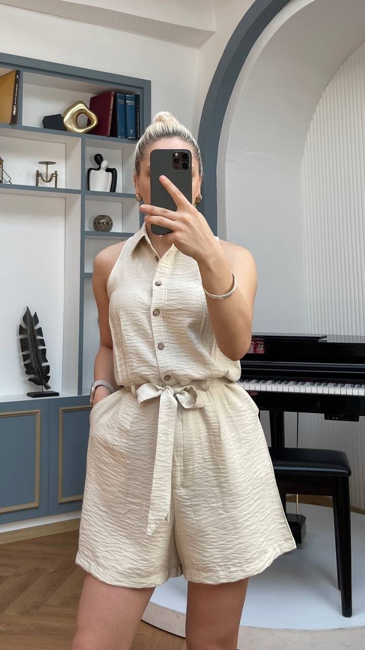 3791-BEJ DÜĞMELİ ŞORT TULUM