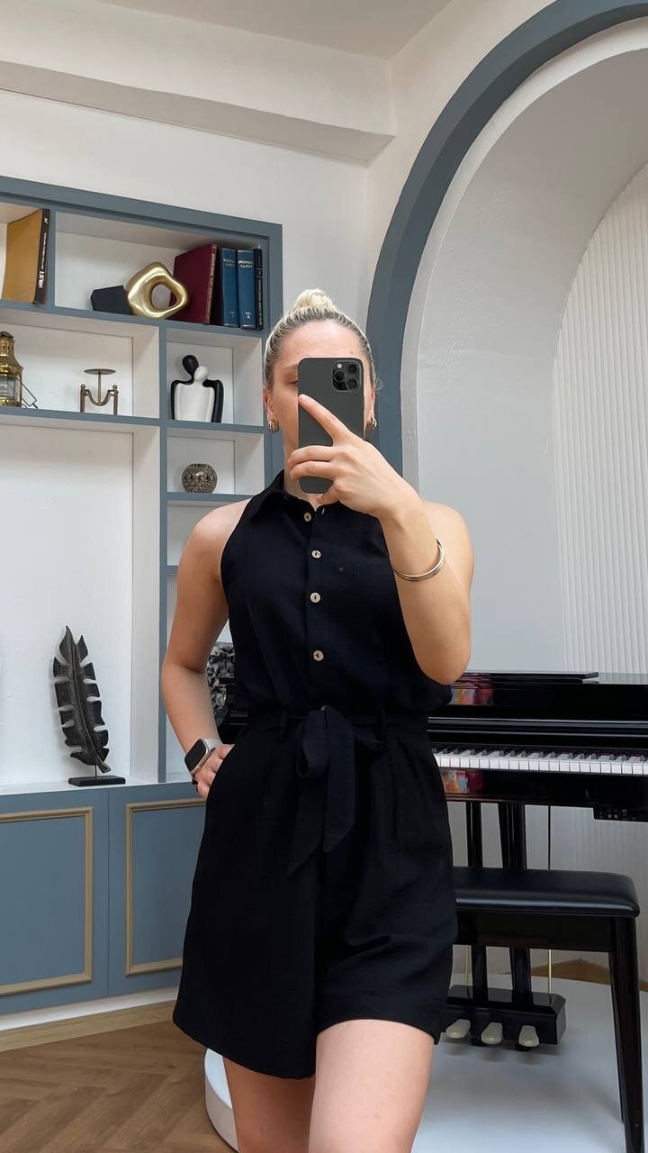 3791-SİYAH DÜĞMELİ ŞORT TULUM