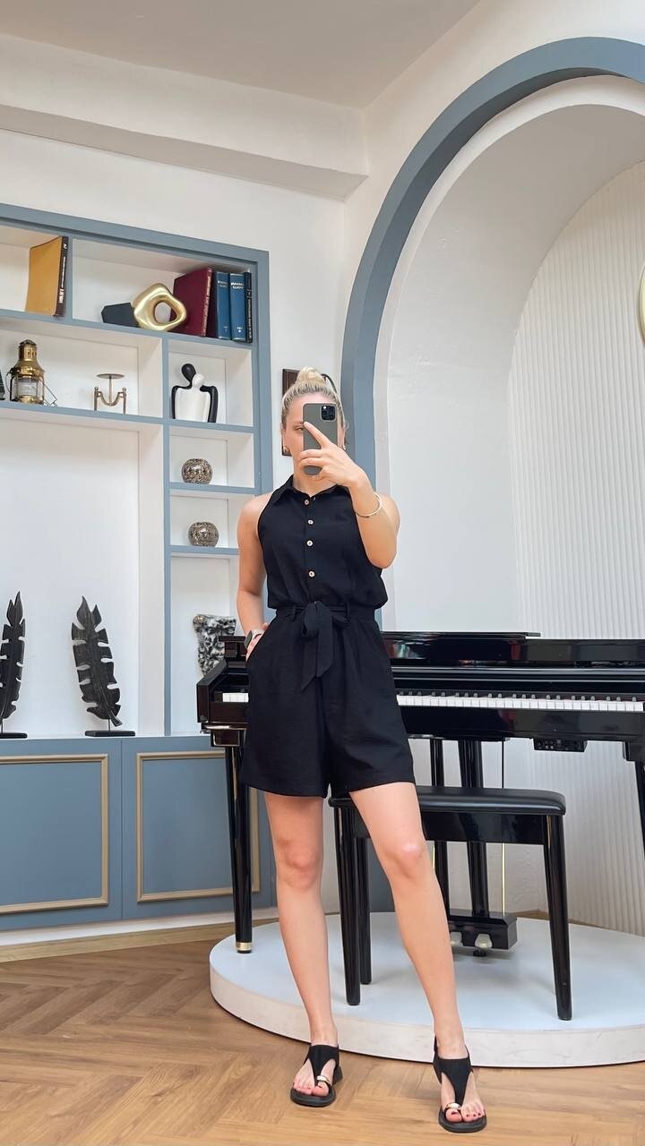 3791-SİYAH DÜĞMELİ ŞORT TULUM