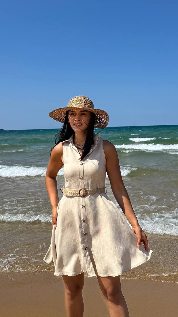 3793-BEJ HASIR KEMERLİ KISA ELBİSE