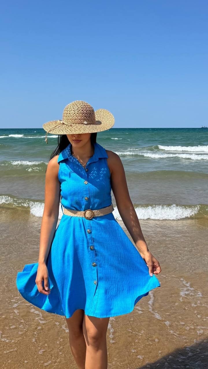 3793-MAVİ HASIR KEMERLİ KISA ELBİSE