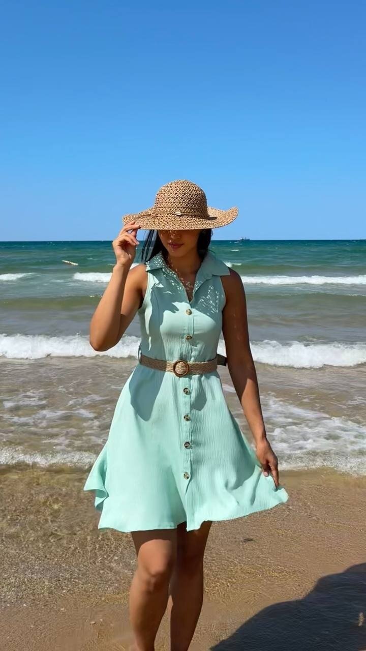 3793-SU YEŞİLİ HASIR KEMERLİ KISA ELBİSE