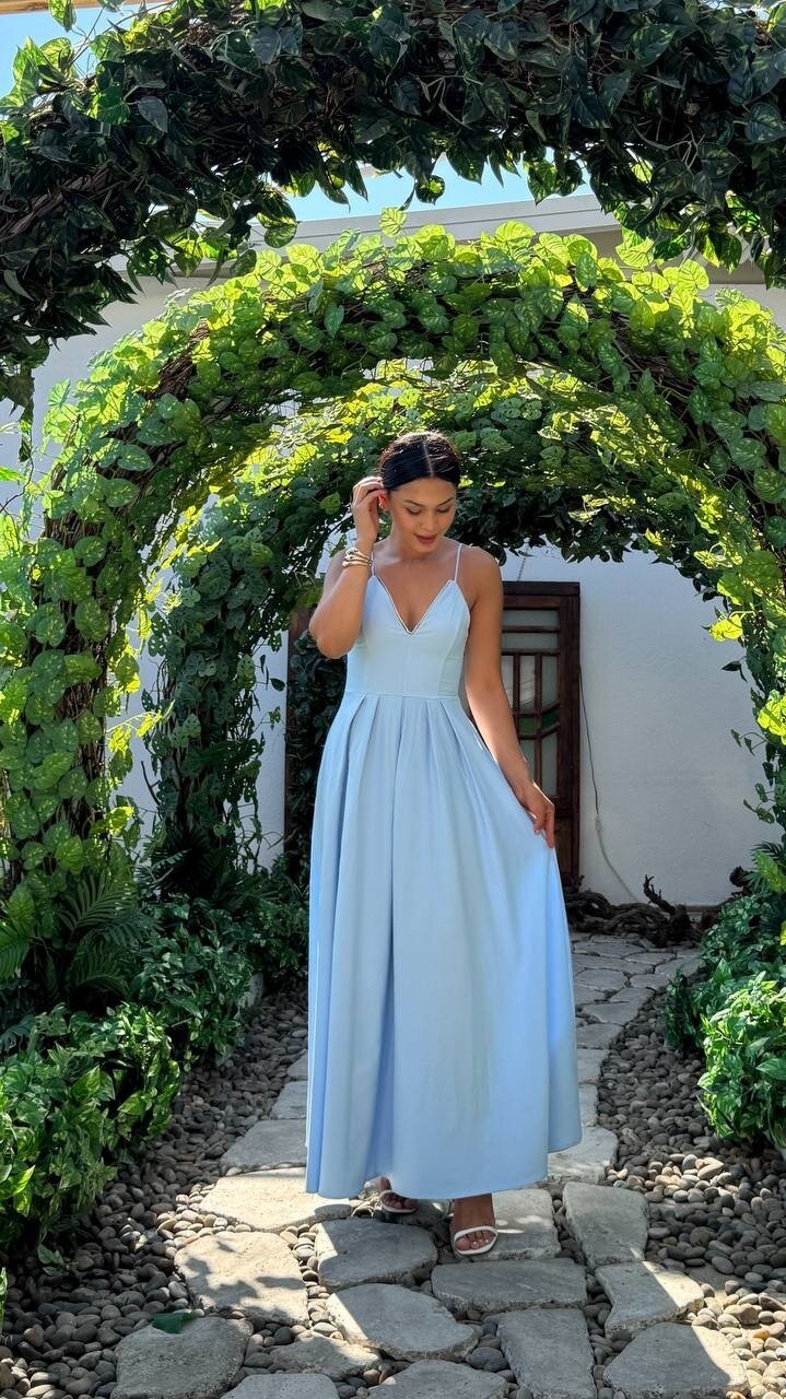 3795-MAVİ V YAKA TAŞ DETAY KİLOŞ ELBİSE