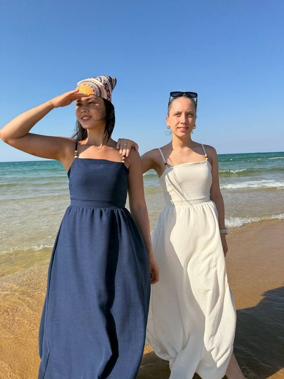 3796-BEJ ASKILI KARE YAKA KETEN ELBİSE