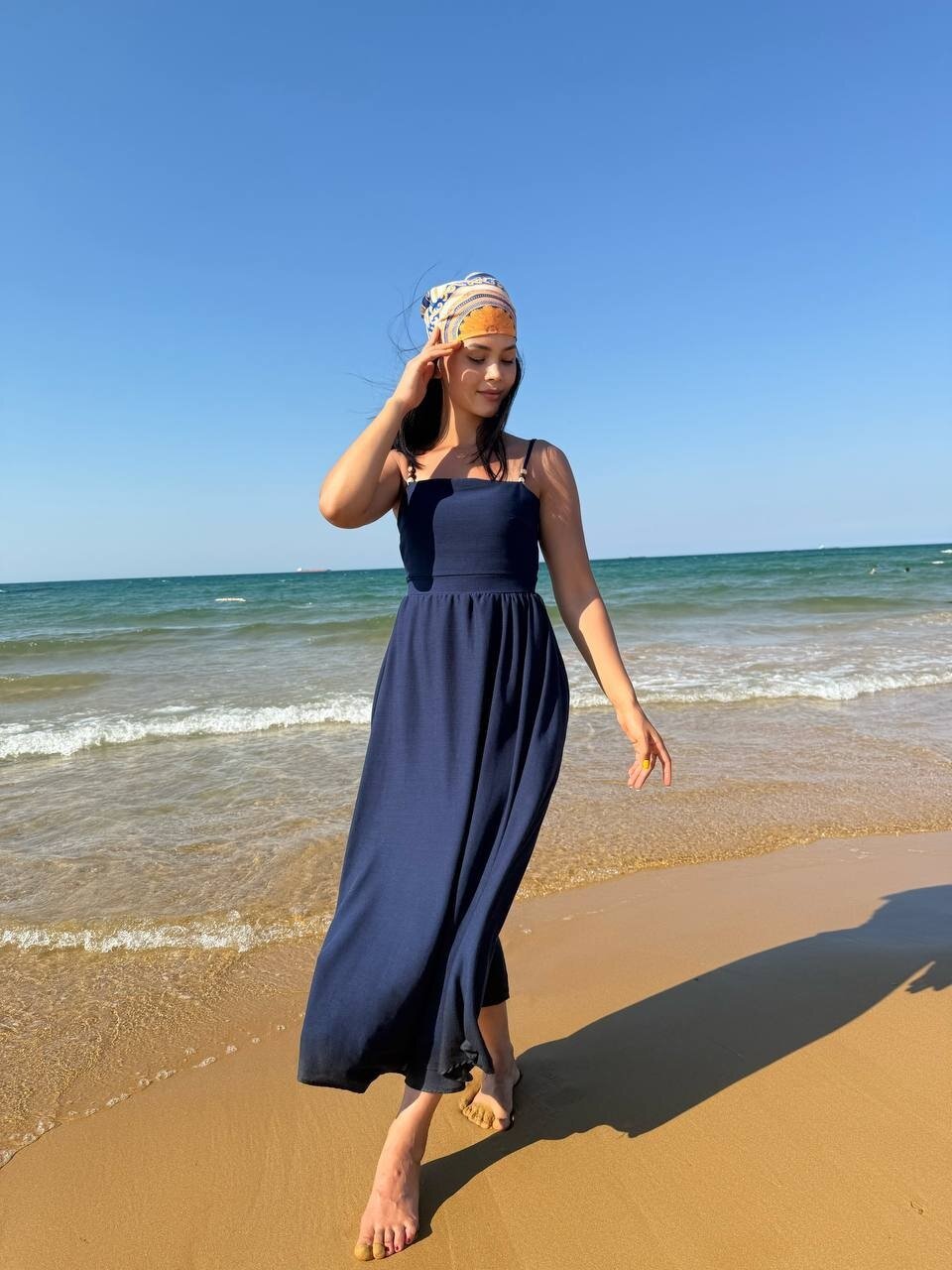 3796-LACİVERT ASKILI KARE YAKA KETEN ELBİSE