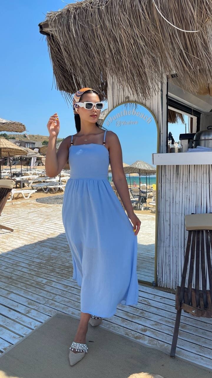 3796-MAVİ ASKILI KARE YAKA KETEN ELBİSE